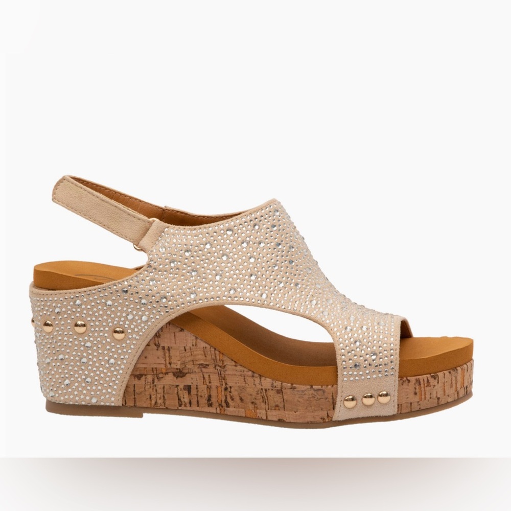Made In Colombia Barbara Taupe Crystal Rhinestone Embellished Cork Wedge Sandals